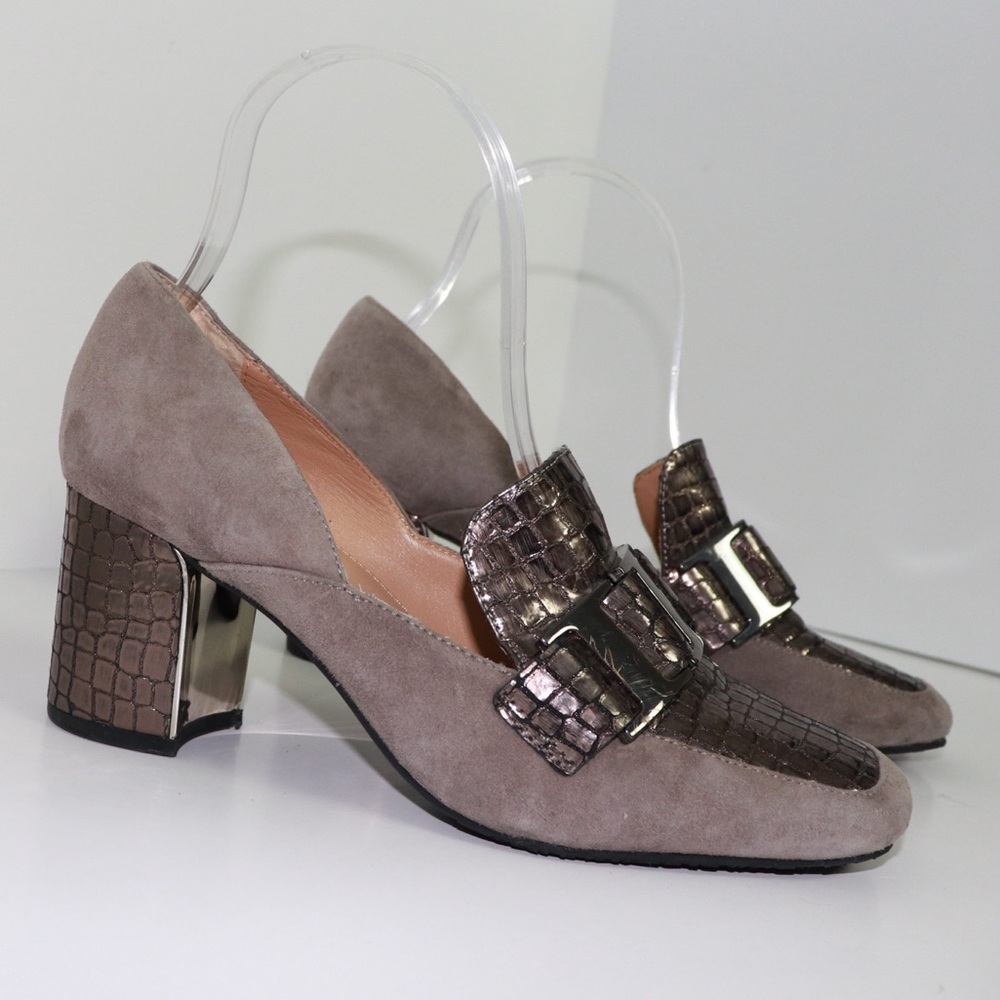 Pliner Caresse Closed Toe Loafer Pump Block Heels Metallic Steel Grey 6